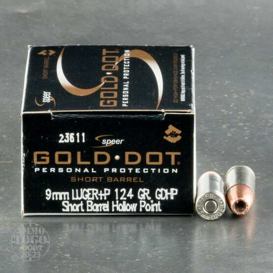 20rds - 9mm Speer Gold Dot Short Barrel 124gr. +P HP Ammo
