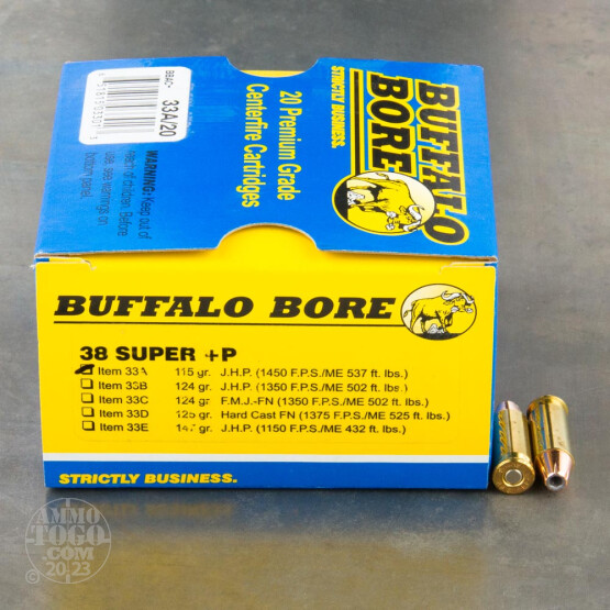 20rds - 38 Super Auto Buffalo Bore 115gr. +P JHP Ammo