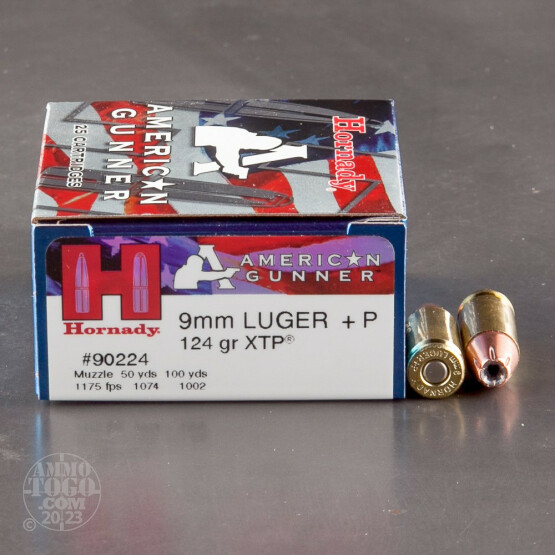 25rds – 9mm +P Hornady American Gunner 124gr. XTP JHP Ammo