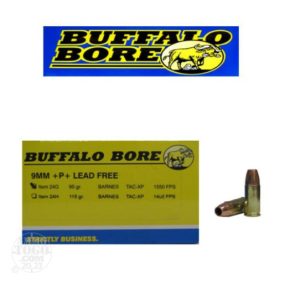 20rds - 9mm Buffalo Bore 95gr. TAC-XP +P+ Lead Free Ammo