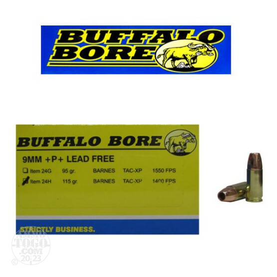 20rds - 9mm Buffalo Bore 115gr. TAC-XP +P+ Lead Free Ammo