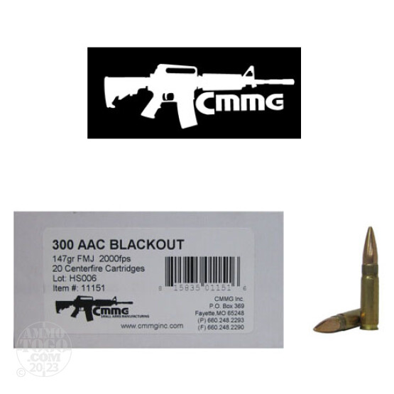 20rds - .300 AAC BLACKOUT CMMG 147gr. FMJ Ammo