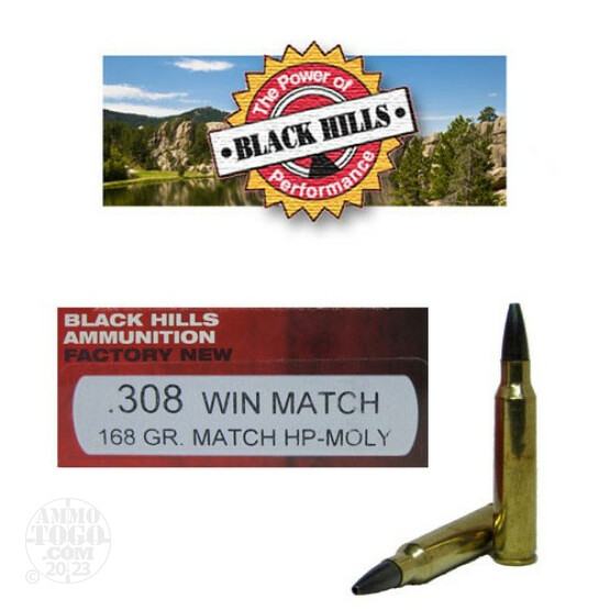 20rds - 308 Black Hills 168gr. Match Boat-Tail Hollow Point Moly Coated Ammo