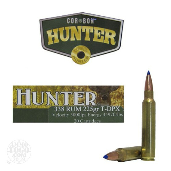 20rds - 338 RUM Corbon 225gr T-DPX Polymer Tip Ammo