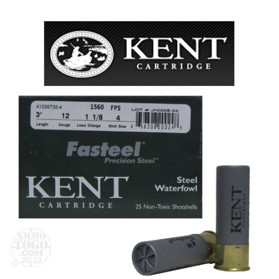 25rds - 12 Ga. Kent Fasteel 3" 1 1/8oz. #4 Steel Shot Ammo