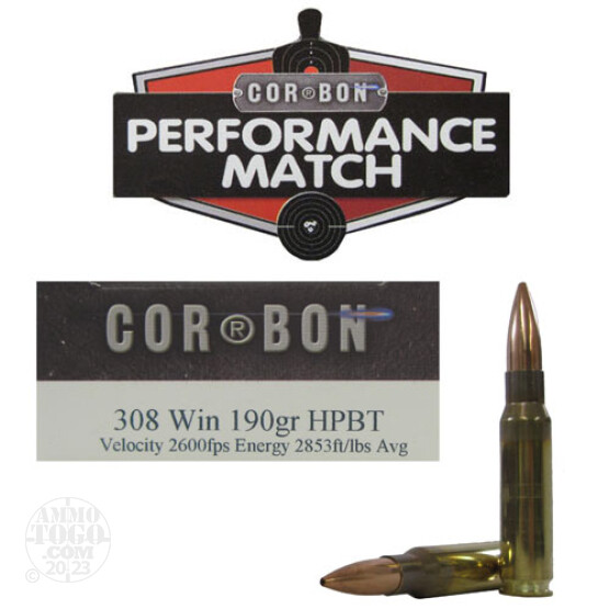 20rds - 308 Corbon Performance Match 190gr. BT-HP Ammo