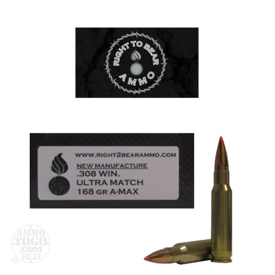 20rds - 308 Win. Right To Bear Ultra Match 168gr. A-MAX Ammo