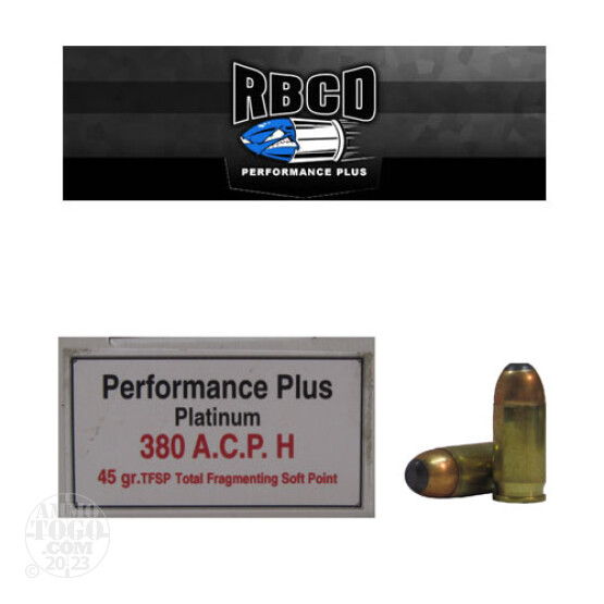 20rds - 380 Auto RBCD Performance Plus 45gr. Total Fragmenting Soft Point Ammo