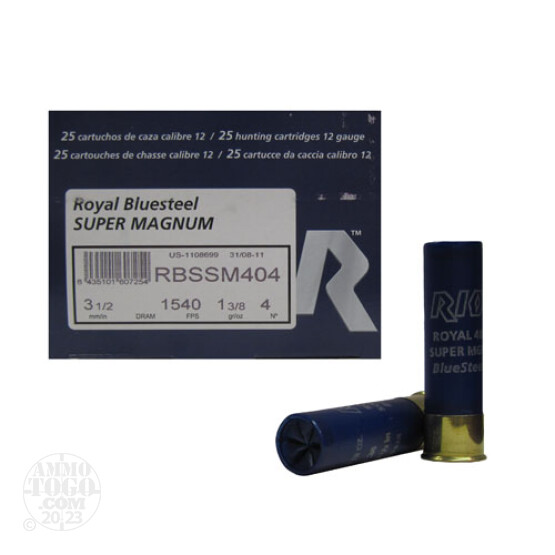 25rds - 12 Ga. Rio Royal BlueSteel 3 1/2" 1 3/8oz #4 Steel Shot Ammo