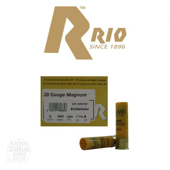 25rds - 20 Gauge Rio Field Magnum 3" Max Dram 1 1/4 oz. #4 Shot Ammo
