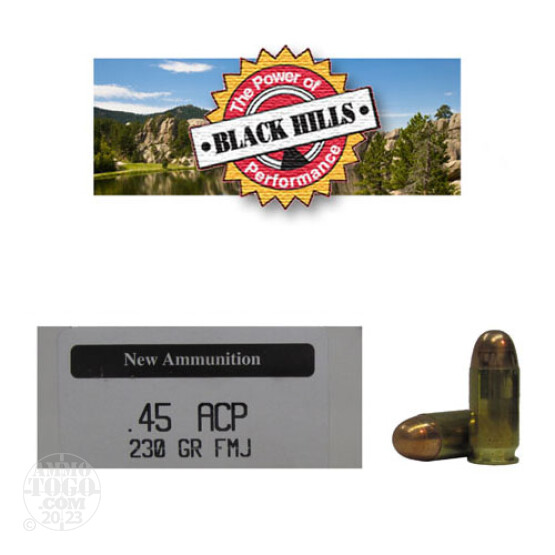 50rds - 45 ACP Black Hills 230gr. New Seconds FMJ Ammo