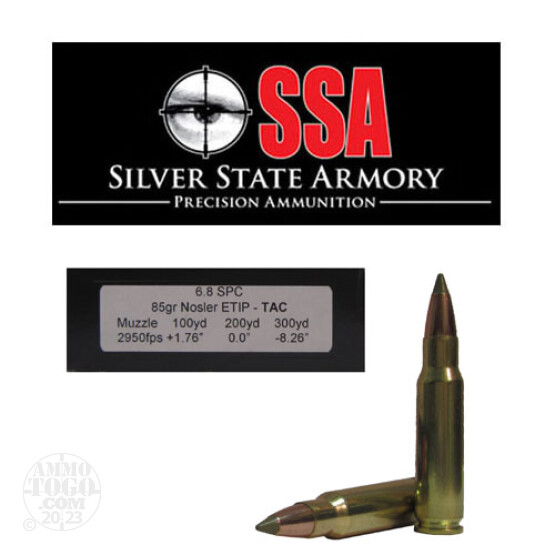 20rds - 6.8 SPC Silver State Armory 85gr. Nosler ETIP Tactical Ballistic Tip Ammo