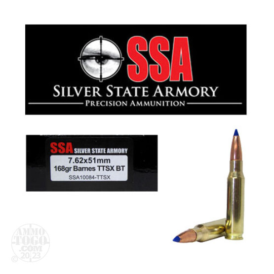 20rds - 7.62 x 51mm Silver State Armory 168gr. Barnes TTSX Lead Free Ammo
