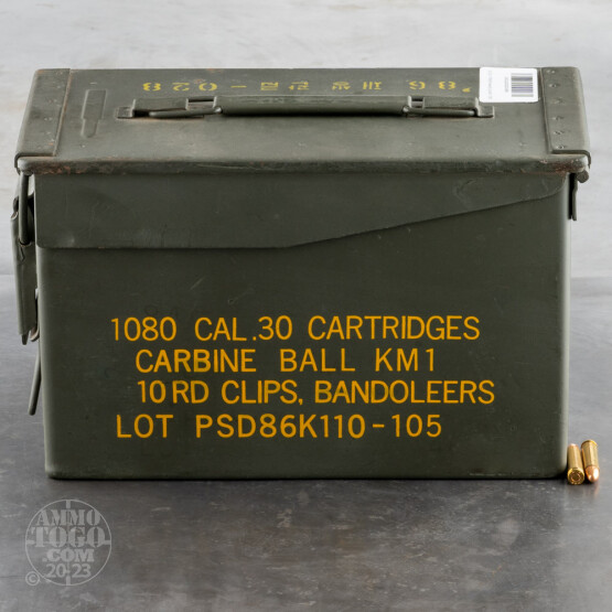1080rds – 30 Carbine Korean Military Surplus 110gr. FMJ Ammo in Ammo Can