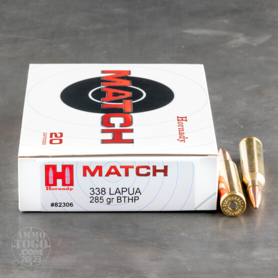 20rds - 338 Lapua Hornady Match 285gr. Boat Tail Hollow Point Ammo