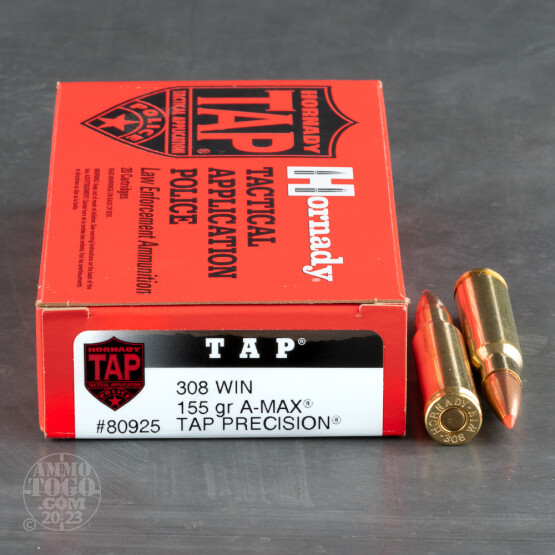 200rds - .308 Hornady LE A-MAX Match TAP 155gr. Ammo