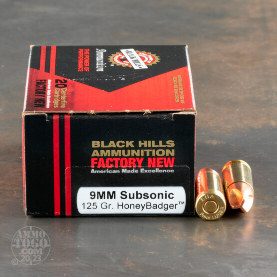 20rds – 9mm Black Hills 125gr. Subsonic HoneyBadger Ammo