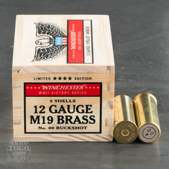 5rds – 12 Gauge Winchester World War II Victory Series M19 Brass 2-3/4"  9 Pellet 00 Buckshot Ammo