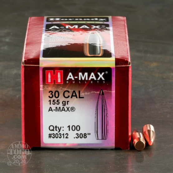 100pcs - 30 Cal .308" Dia. Hornady 155gr. A-MAX Polymer Tip Bullets
