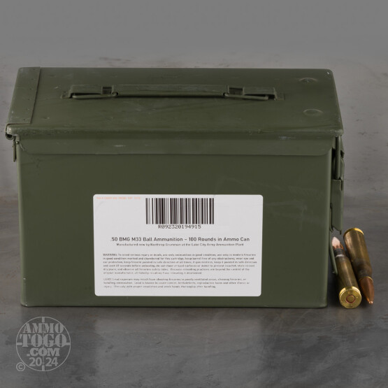 100rds – 50 BMG Lake City 660gr. FMJ M33 Ammo in Ammo Can