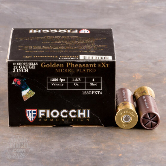 250rds - 12 Gauge Fiocchi 3" 1 5/8oz. #4 Shot Golden Pheasant EXT Nickel Plated
