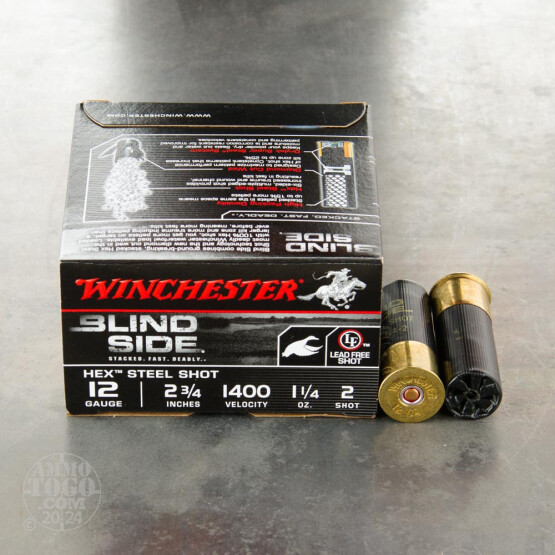 25rds - 12 Gauge Winchester Blind Side Waterfowl 1 1/4 Ounce 2 3/4" (#2 Hex Shot) Ammo
