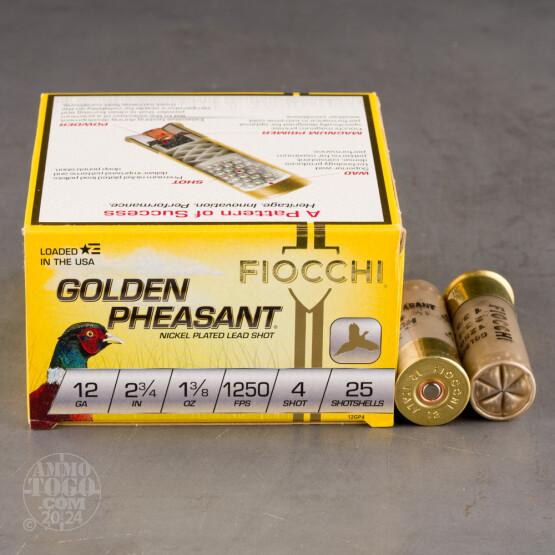 250rds - 12 Gauge Fiocchi Golden Pheasant 2 3/4" 1 3/8oz. #4 Shot Nickel Plated Ammo