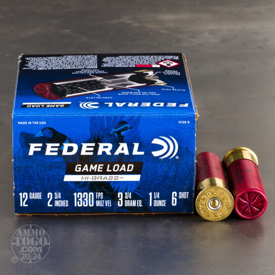 250rds – 12 Gauge Federal Game Load Upland Hi-Brass 2-3/4" 1-1/4oz. #6 Shot Ammo
