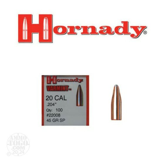 100pcs - 20 Cal .204" Dia Hornady Varmint 45gr. SP Bullets