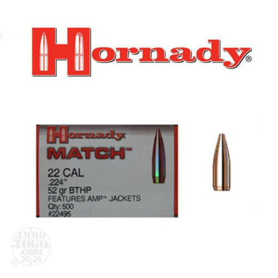 500pcs - 22 Cal .224" Dia Hornady 52gr. Match BTHP Bullets