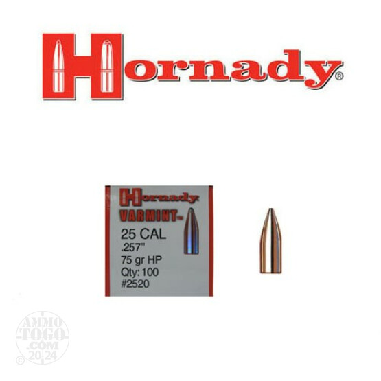 100pcs - 25 Cal .257" Dia Hornady Varmint 75gr. HP Bullets