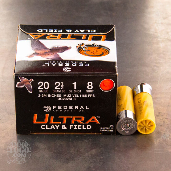 25rds – 20 Gauge Federal Ultra Heavy Field & Clay 2-3/4" 1 oz. #8 Shot Ammo