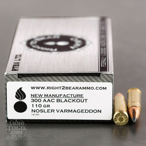 20rds - 300 AAC BLACKOUT Right to Bear 110gr. Nosler Varmageddon Polymer Tip Ammo