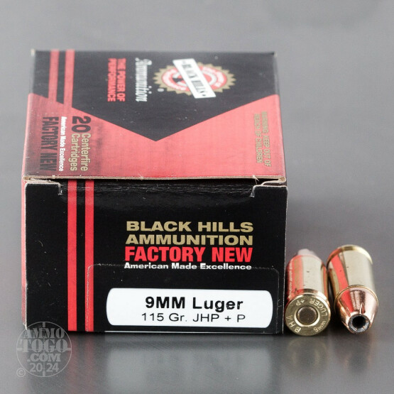 20rds - 9mm Luger Black Hills 115gr. +P JHP Ammo