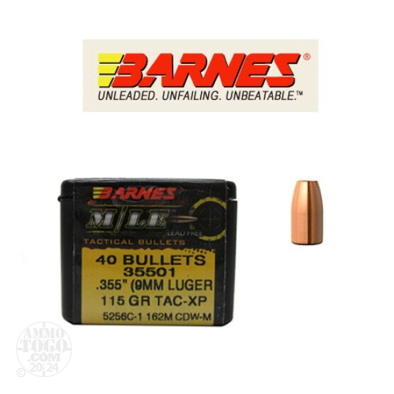 40pcs - 9mm Cal .355 Dia Barnes M/LE 115gr. Tac-XP Bullets