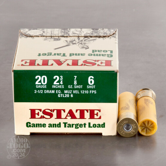 25rds – 20 Gauge Estate Game and Target 2 3/4" 2 1/2 Dram 7/8 oz. #6 Shot Ammo