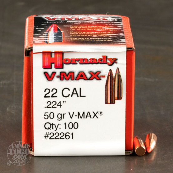 100pcs - 22 Cal .224" Dia Hornady 50gr. V-Max Polymer Tip Bullets