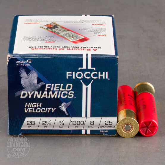 25rds – 28 Gauge Fiocchi 2-3/4" 3/4oz. #8 Shot Ammo