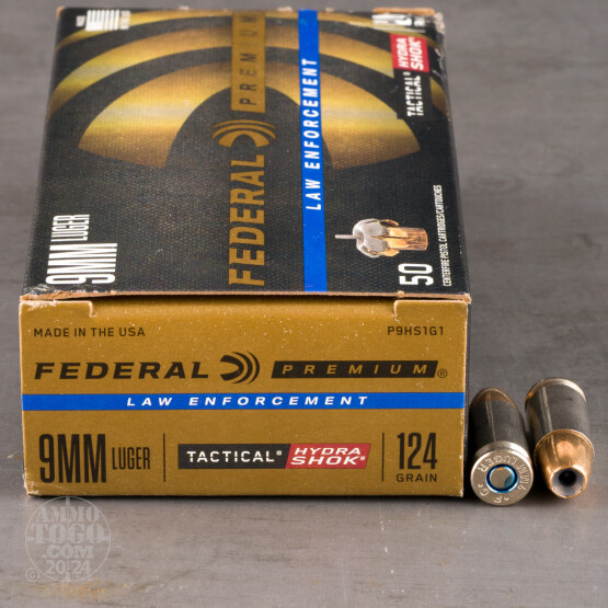 50rds - 9mm Federal LE Tactical Hydra-Shok 124gr. HP Ammo