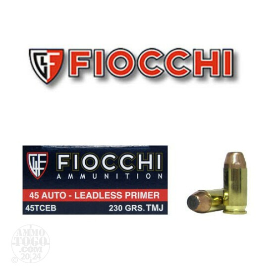 50rds - 45 ACP Fiocchi 230gr. Leadless Primer TMJ Ammo