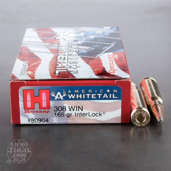 20rds – 308 Hornady American Whitetail 165gr. Interlock Soft Point Ammo