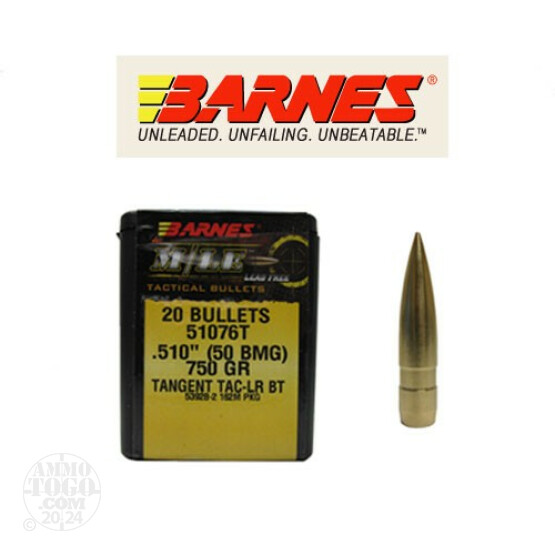 20pcs - .50 Cal .510 Dia Barnes M/LE 750gr. Tangent Ogive TAC-LR Bullets