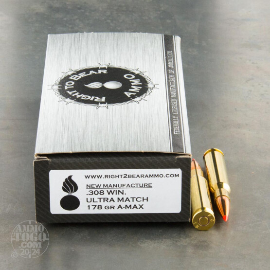 20rds - 308 Win. Right To Bear Ultra Match 178gr. A-MAX Long Range Ammo