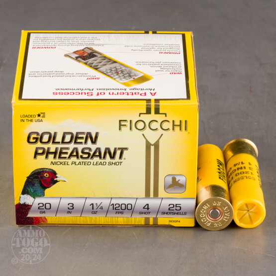 25rds - 20 Gauge Fiocchi Golden Pheasant Nickel Plated Lead 3" 1-1/4 oz. #4 Shot Ammo