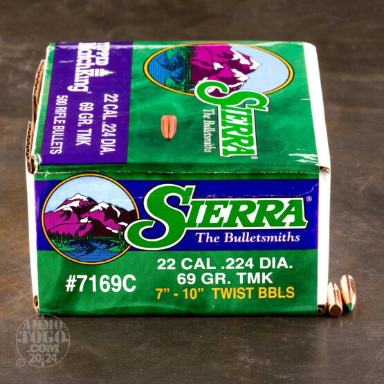 100pcs - 22 Cal .224" Dia Sierra Tipped MatchKing 69gr. PT Bullets