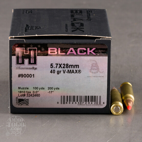 25rds – 5.7x28mm Hornady BLACK 40gr. V-MAX Ammo