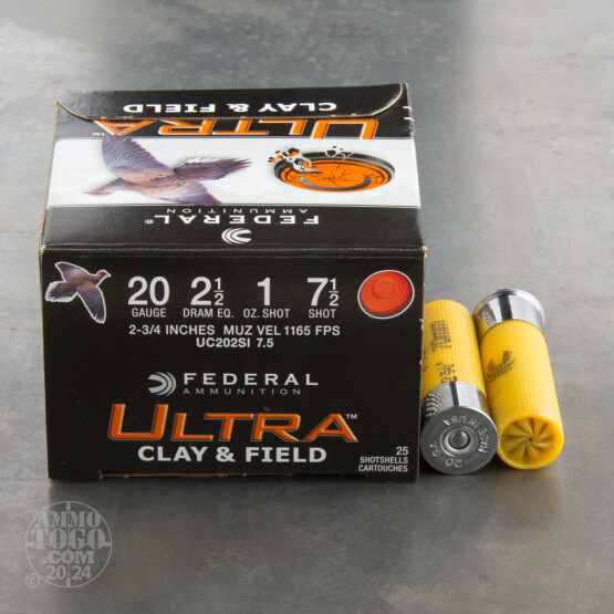 25rds – 20 Gauge Federal Ultra Clay & Field 2-3/4" 1oz. #7.5 Shot Ammo