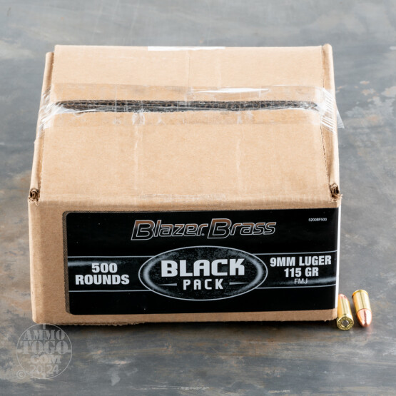 500rds – 9mm Blazer Brass Black 115gr. FMJ Ammo