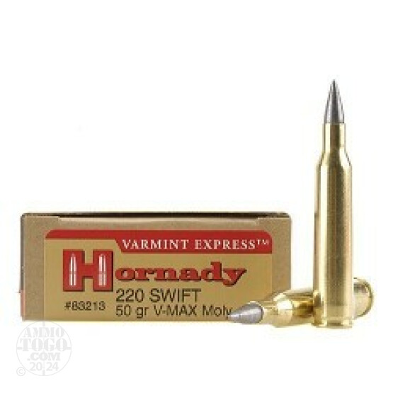 20rds - 220 Swift Hornady 50gr. Moly Coated V-Max Polymer Tip Ammo