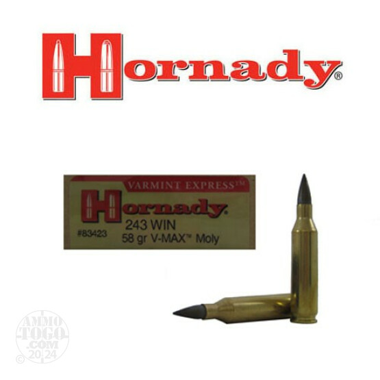 20rds - 243 Win Hornady 58gr. V-Max Moly Ammo
